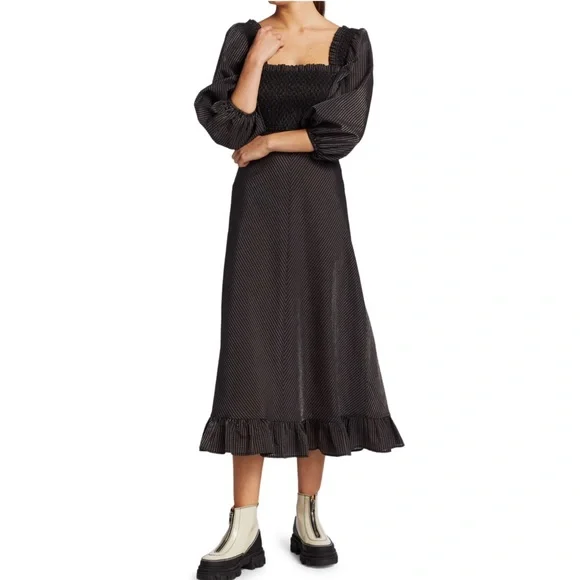 NWT ๐ค GANNI Seesucker Puff-Sleeve Midi Dress - Picture 1 of 12